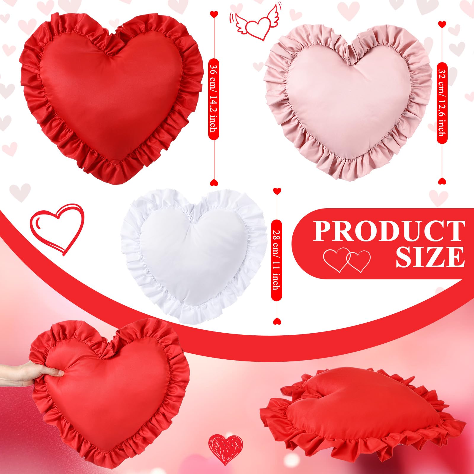 Tingjoo Heart Shaped Throw Pillow Set of 3, Ruffle Valentine's Day Pillows for Couch Sofa Bed, Red Pink White Love Decorative Plush Cushions, Cute Romantic Anniversary Home Decor, Gift for Her