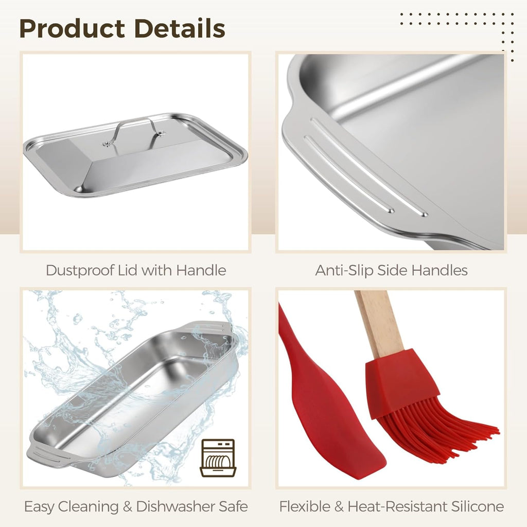 Skiennix Stainless Steel Cake Pans - 9x13 Rectangular Baking Trays with Silicone Brush & Spatula