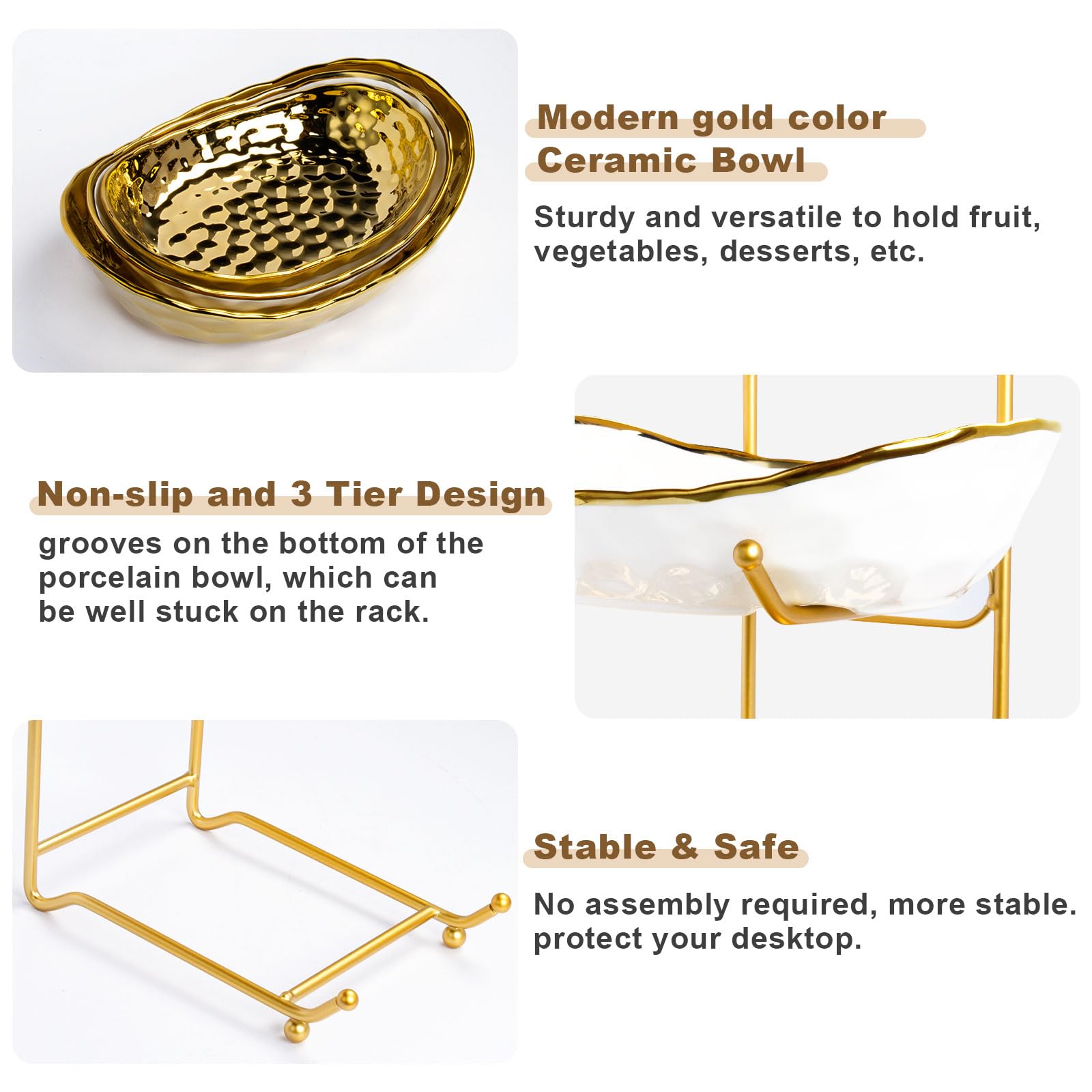 LIJINGCHEN 3 Tier Fruit Basket for Kitchen Counter, Modern Ceramic Fruit Bowl with Gold Metal Stand, Tiered Fruit Tray for Countertop, Snacks, Nuts, Cakes, Desserts, Candy