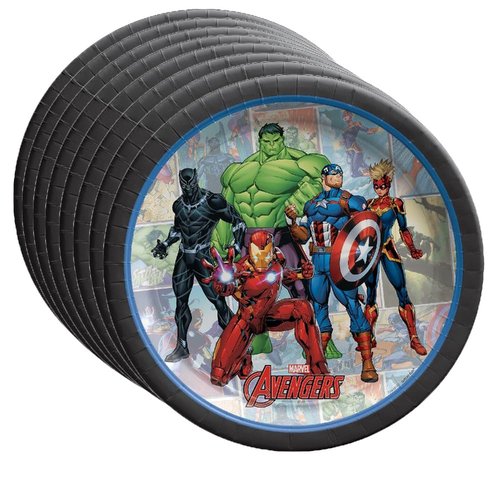 Avengers Birthday Party Supplies Bundle includes Dessert Cake Paper Plates and 1 Dinosaur Sticker Sheet