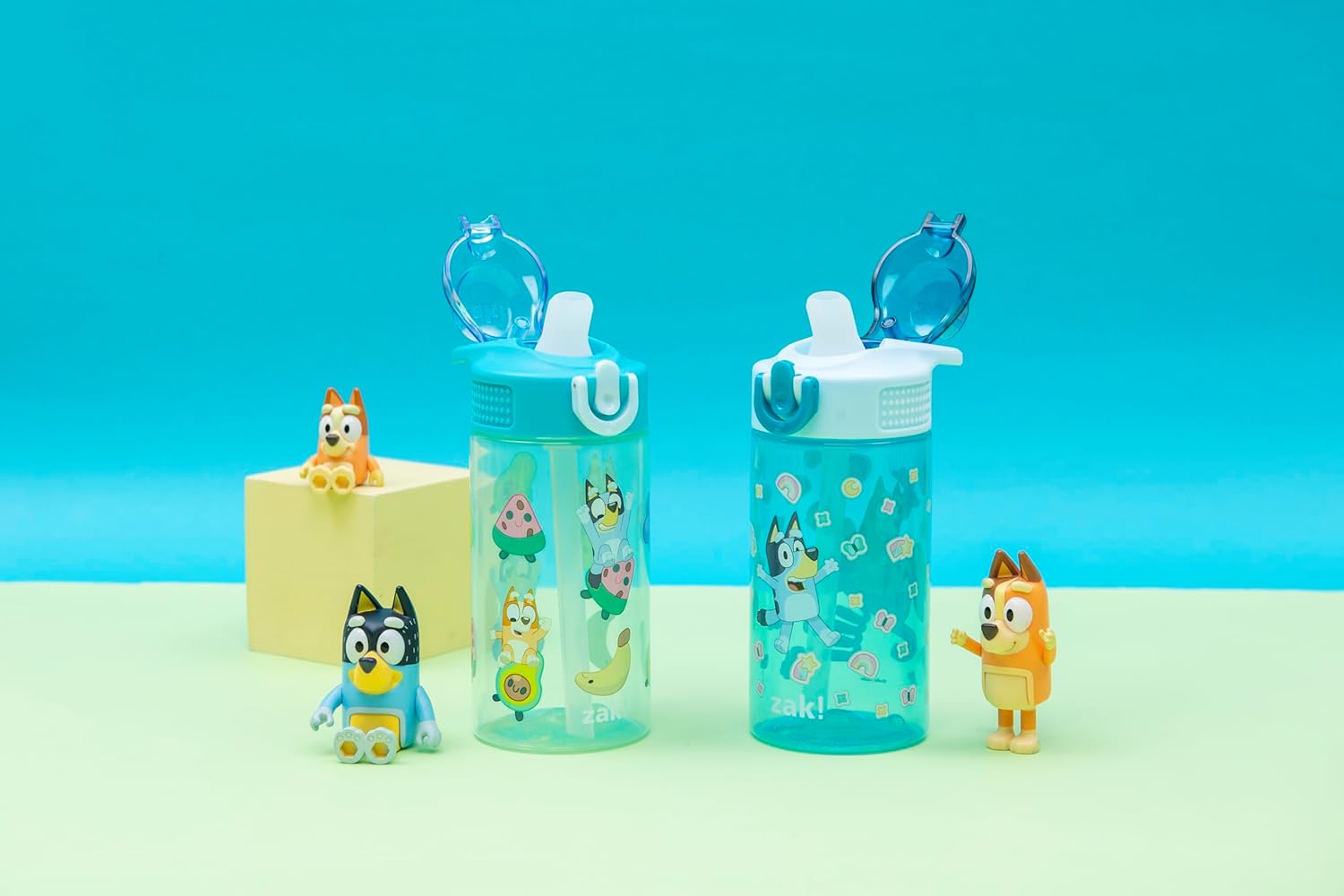 Zak Designs Bluey Sage Kids Water Bottle - 16oz Durable Plastic with Straw & Leak-Proof Cover | 2-Pack Set
