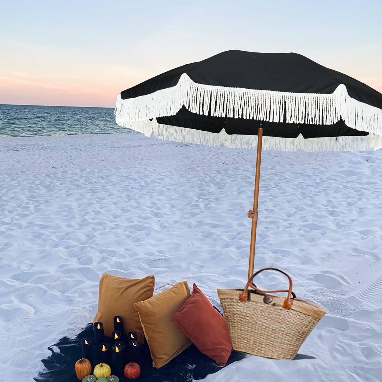 AMMSUN 7ft Patio Umbrella - Stylish Fringe Design with UPF50+ Protection & Steel Pole | Black