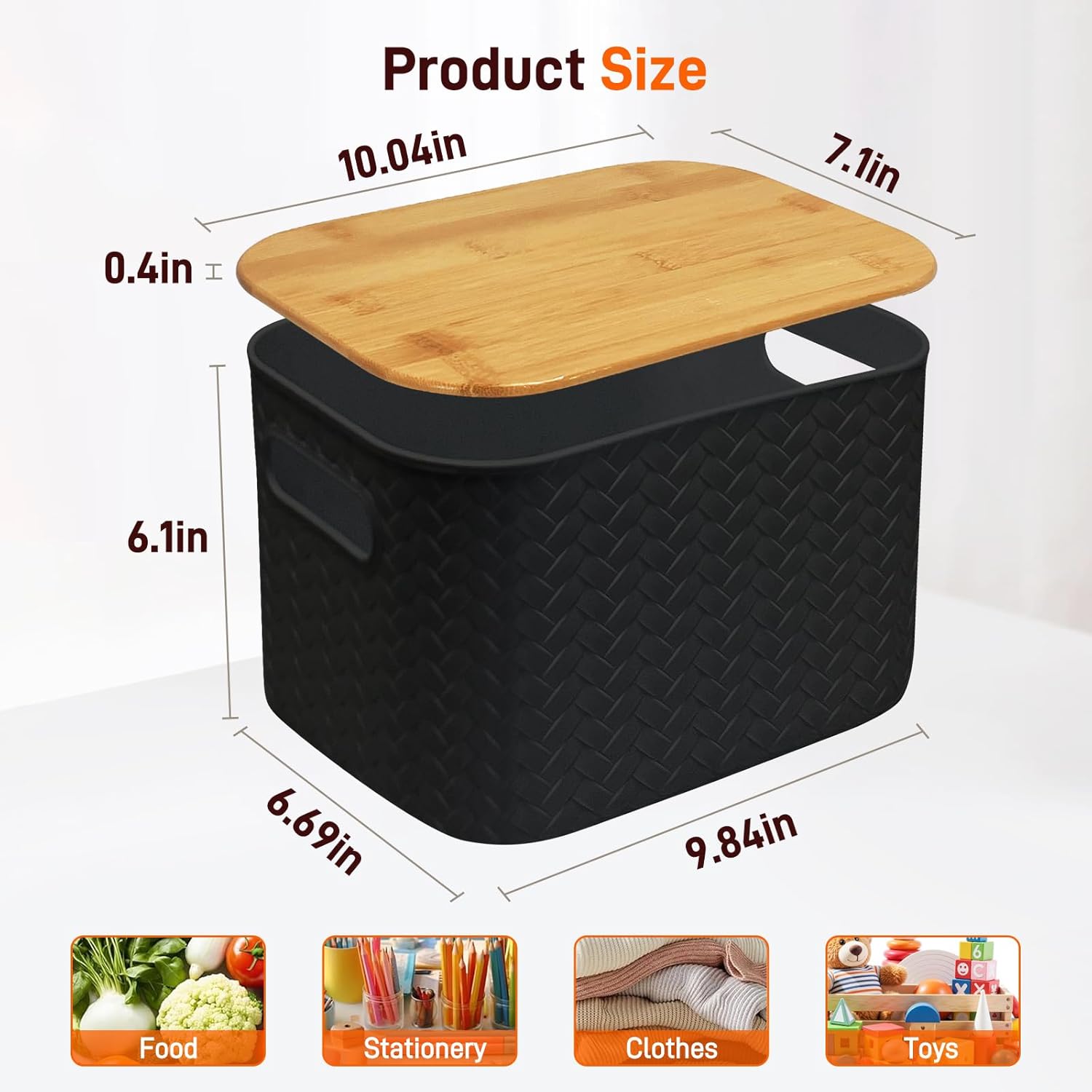 Soddeph Plastic Storage Bins - 4 Pack Stackable Containers with Bamboo Lids for Organizing (Black)