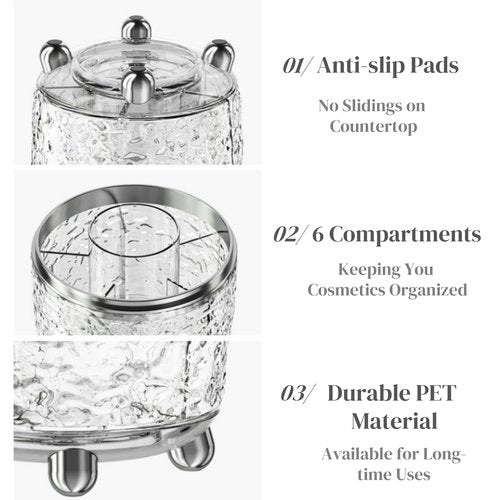 Eorbow Rotating Makeup Brush Holder, Dustproof Cosmetic Tools Organizer with Lid, 360° Spinning Covered Brushes Storage with Anti-slip Pads for Vanity, Bathroom Countertop & Bedside Table, Clear