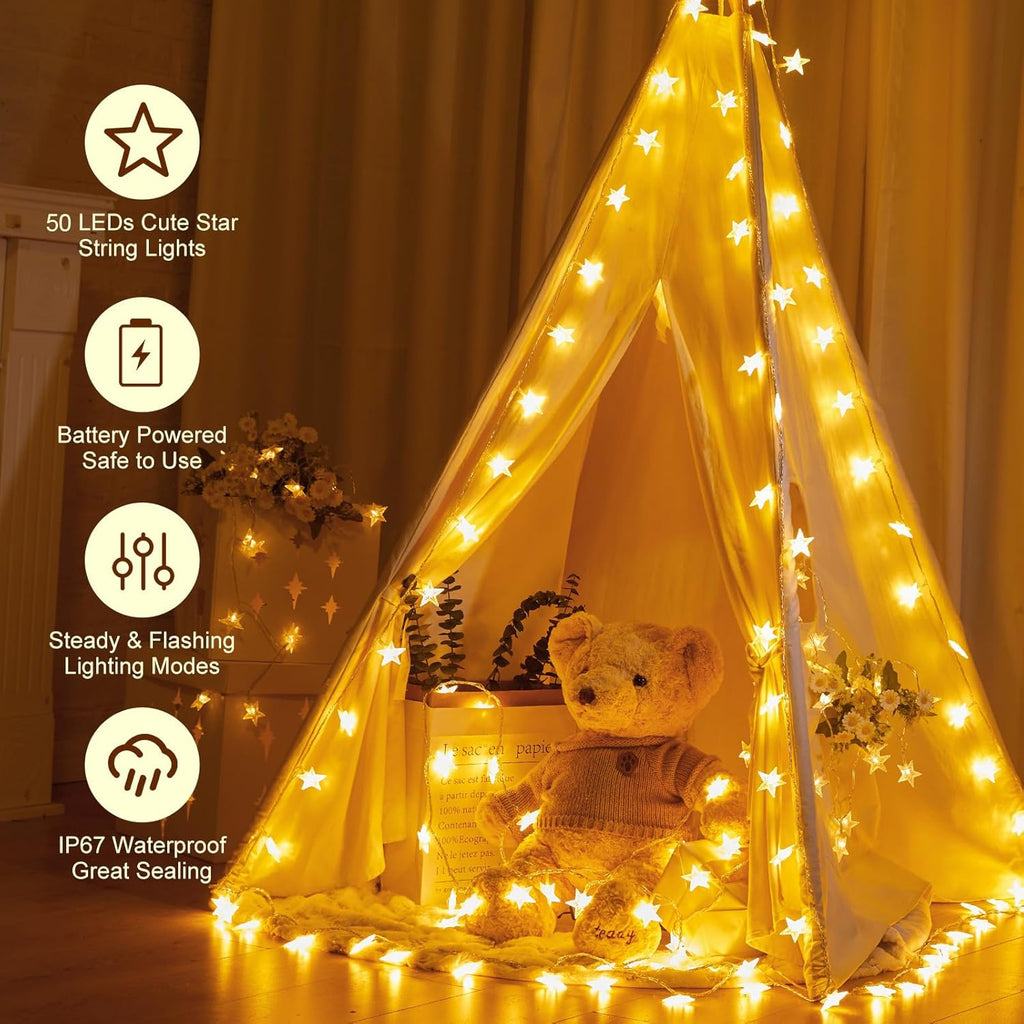 Minetom Star String Lights - 50 LED Battery Operated Fairy Lights | 17 ft Waterproof Warm White for Indoor & Outdoor Decor