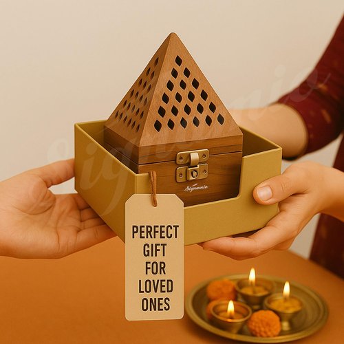 SIGNAMIO® Wooden sambrani Incense Dhoop Holder Stand Ash Catcher with Pyramid Shape for Pooja and Meditation (Pack of 1)