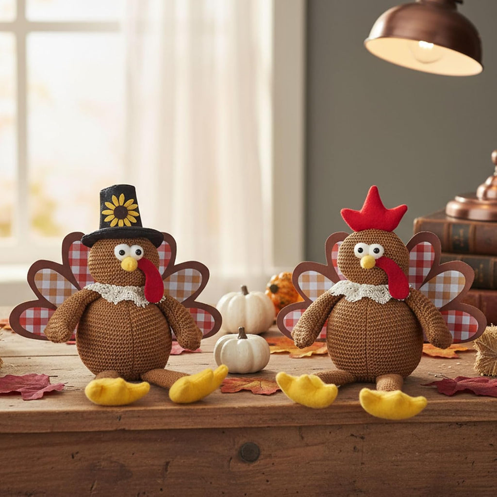 Regine Switzerland Thanksgiving Turkey Decorations - Set of 2 Plush Dolls for Fall Harvest Home Decor | Brown