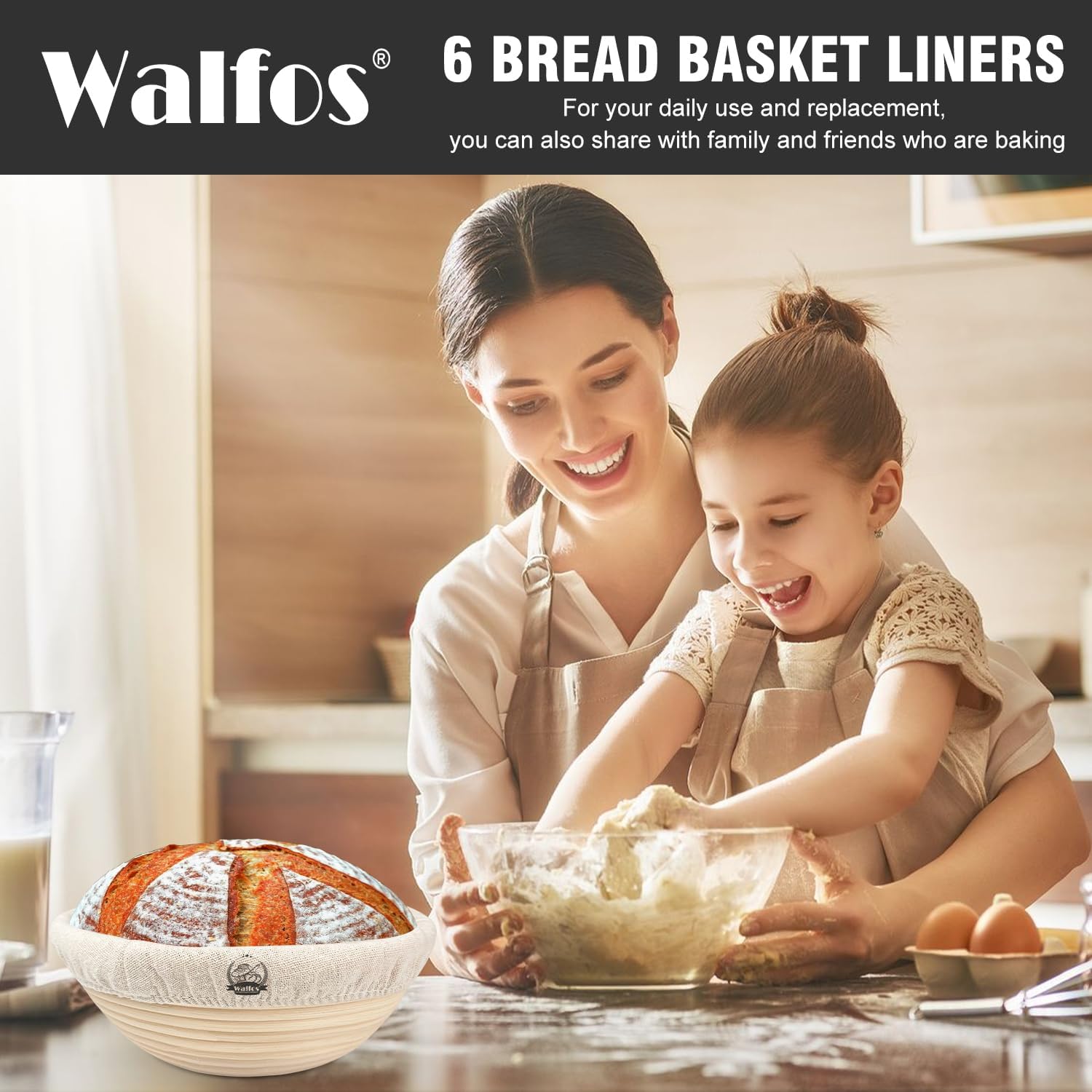 WALFOS Bread Basket Liner Cloth - 9 Inch Round Baking Dough Cover for Natural Rattan Proofing