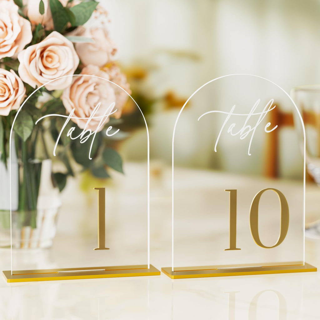 iFaveorr Arch Wedding Table Numbers 1-10 with Stands, Elegant Gold Number 5.5 x 7” Arch Acrylic Signs with Holders, Clear Acrylic Table Numbers for Wedding Reception, Anniversary, Party, Events