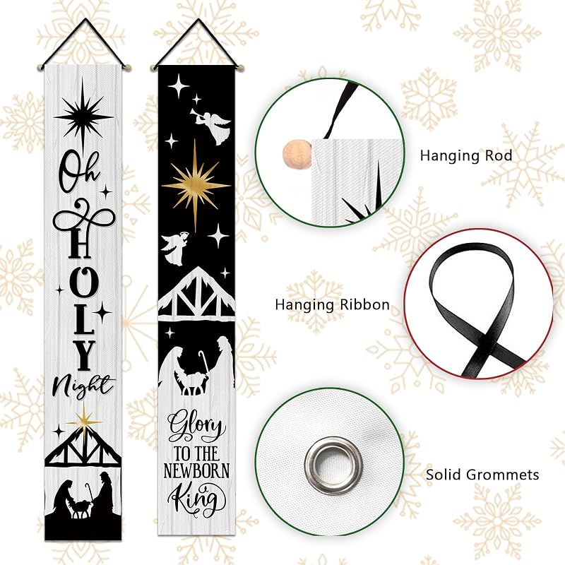 Holy Night Black Christmas Nativity Porch Banner Sign - 72 x 12 in, Water-Resistant Front Door Decor