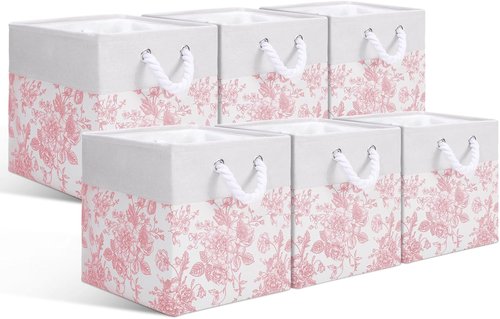 LemonRoad Pink Floral Cube Storage Bins - 6 Pcs Collapsible 11.22 Inch Organizers for Home & Office