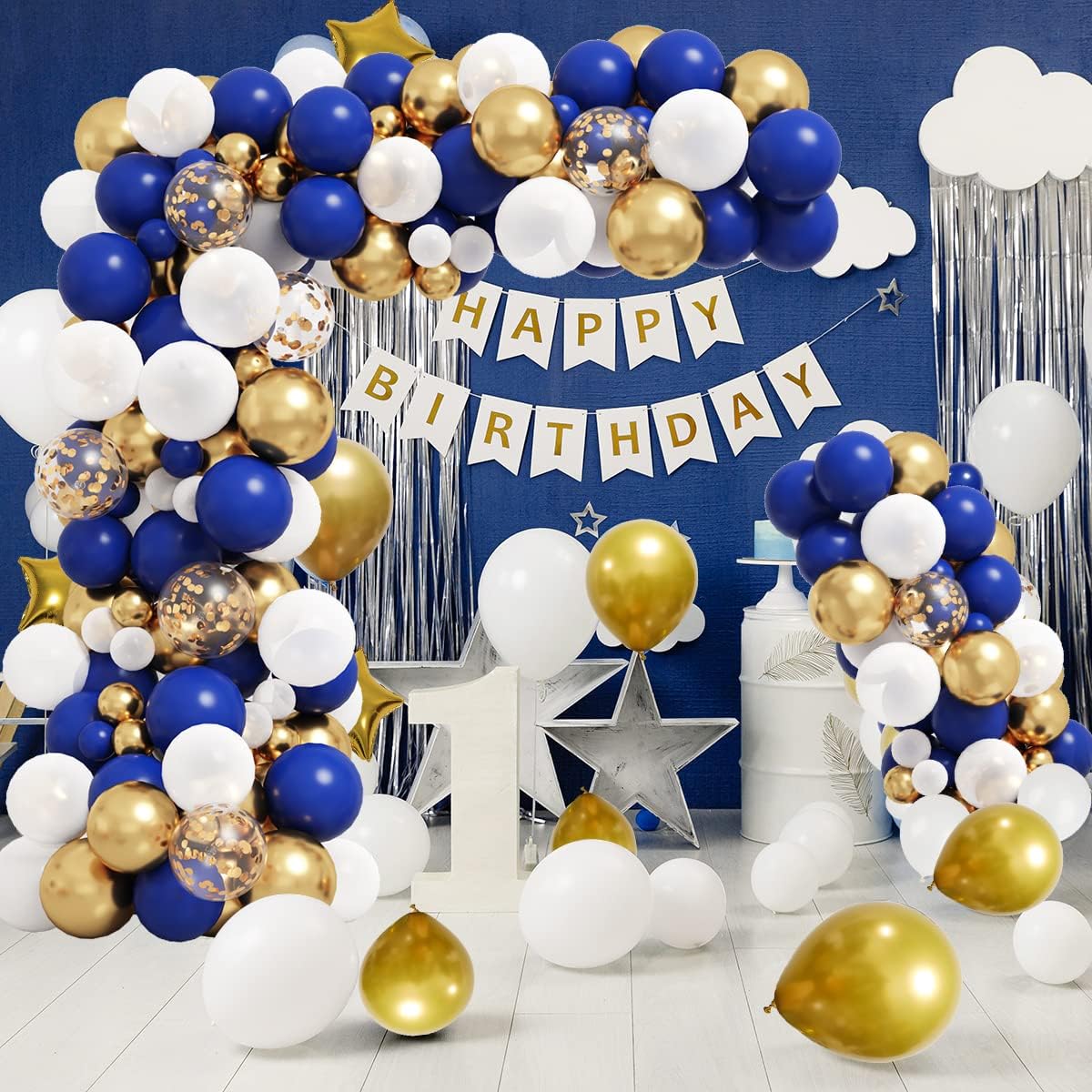 RUBFAC Royal Blue Gold Balloon Garland Arch Kit - Metallic & Star Foil Balloons for Parties