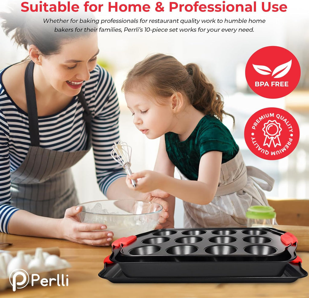 PERLLI Non-Stick Baking Pan Set - 6-Piece BPA-Free Carbon Steel Bakeware with Silicone Handles | Oven Safe Up to 446°F