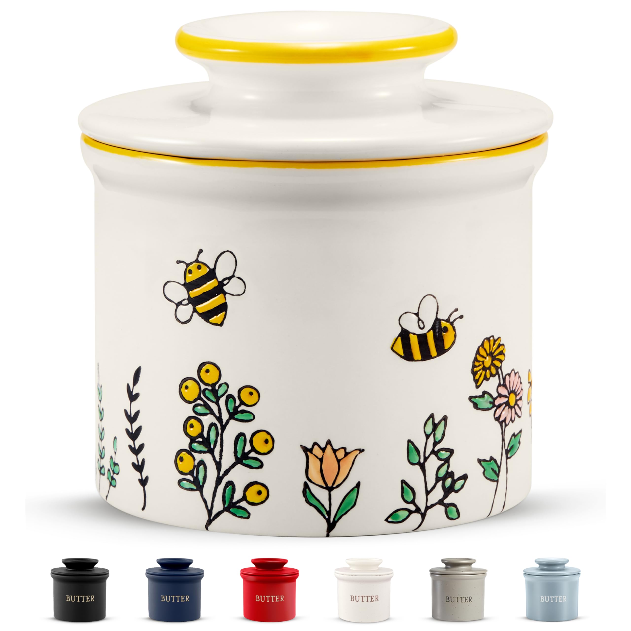 Kook Butter Keeper Dish, French Ceramic Crock with Lid, Embossed Container, For Soft Butter, (Meadow)