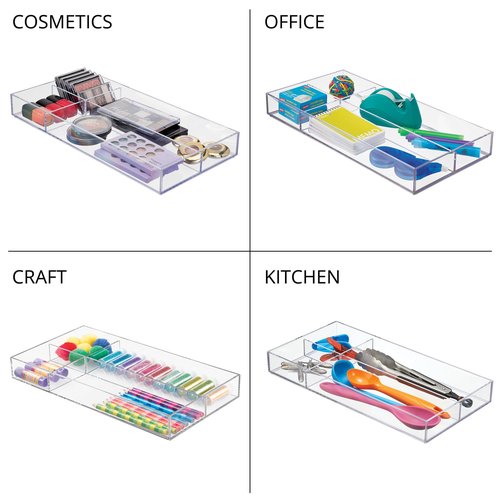 iDesign Clarity Plastic Divided Drawer Organizer, Storage Container for Vanity, Bathroom, Kitchen Drawers, 8" x 16" x 2", Clear,40850