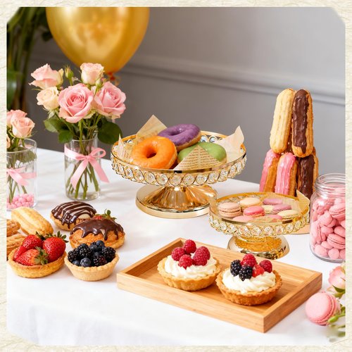 KEHAIL Round Metal 3 Tier Cupcake Tray Set, Crystal Dessert Display Stand for Weddings, Birthdays, Anniversaries, Party Centerpieces, Snacks and Fruit Plates (Gold, Set of 3)