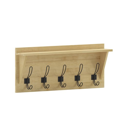 Flash Furniture Daly Wall Mounted Storage Rack - Bamboo Solid Pine Wood - 24 Inch - Upper Shelf and 5 Hooks - For Entryway, Kitchen, Bathroom