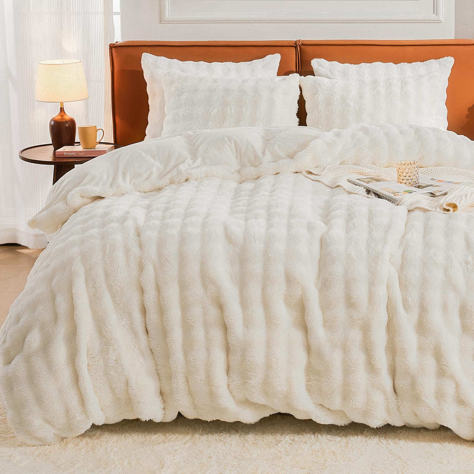 EMME Faux Fur Duvet Cover King Size, 3 Pieces Ultra Soft Fluffy Comforter Cover, Cozy Warm for Winter, Luxury Elegant Shaggy Bubble Design Bedding, 1 Duvet Cover & 2 Pillow Shams (King, Cream White)