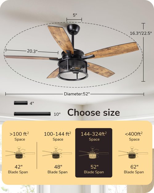 EDISHINE 52" Farmhouse Ceiling Fans with Lights and Remote, 10%-100% Dimmable, 5 Wooden Blades Lighting & Ceiling Fans with Timer, 6 Speeds Reversible DC Motor for Living Room Bedroom