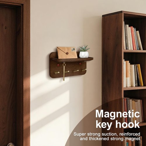 LEIRUOTM Key Holder Wall Mount, Solid Wood Key Holder for Wall with 4 Brass Hooks & Hidden Magnets, 15° Incline Hooks & Grooved Design to Prevent Slipping, Vintage Brown Key Hanger