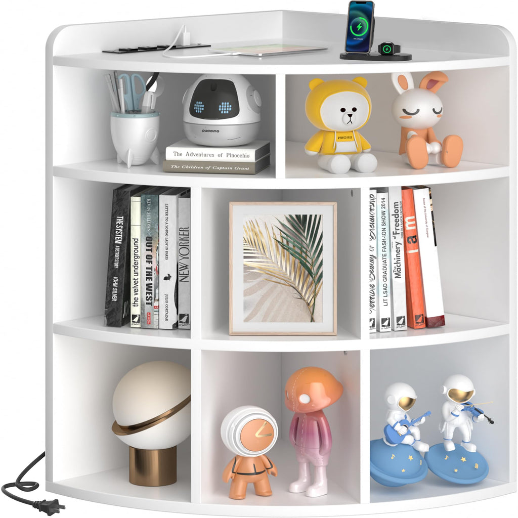 VECELO Corner Cube Shelf with USB Ports & Outlets, Modern Corner Toy Storage Rack with Adjustable Shlef, Wooden Display Bookshelf Bookcase for Living Room, Bedroom, Dining Room, Kitchen, White
