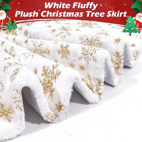 White Fluffy Christmas Tree Skirt, 36 Inch Luxury Plush Christmas Tree Bottom Base Cover with Gold Snowflakes for Xmas New Year Home Party Decorations
