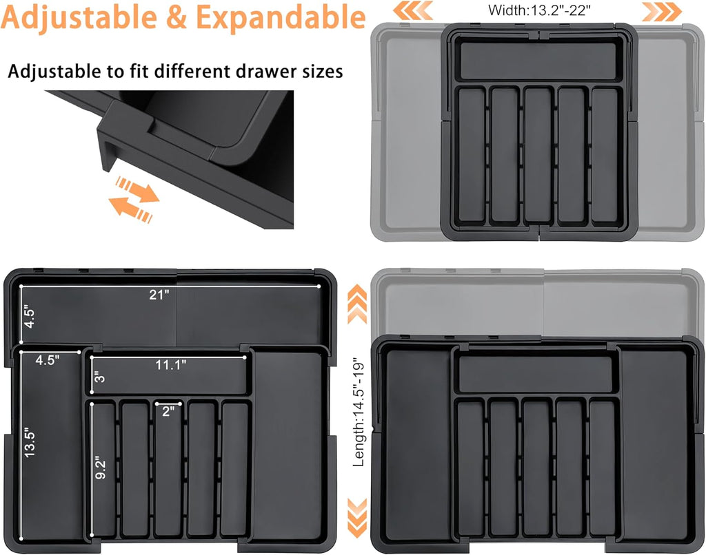 Spaclear Expandable Silverware Organizer - Adjustable BPA-Free Cutlery Tray for Kitchen | 6-9 Slots, Black