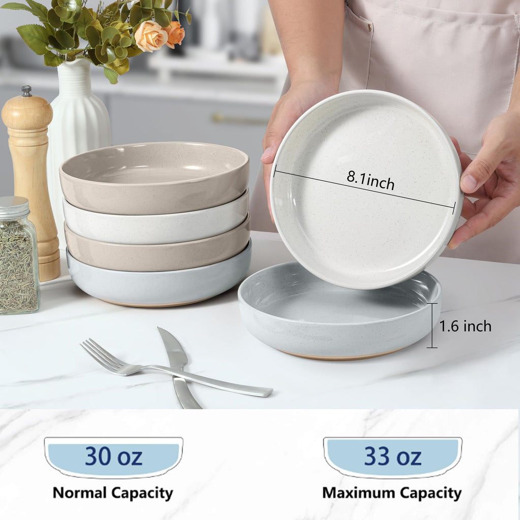 LIANYU 33oz Pasta Salad Bowls Set, Wide and Shallow Serving Bowls Set of 6, Deep Stoneware Plates for Serving Pasta, Noodle, Cereal, Non-Scratch, Three-color