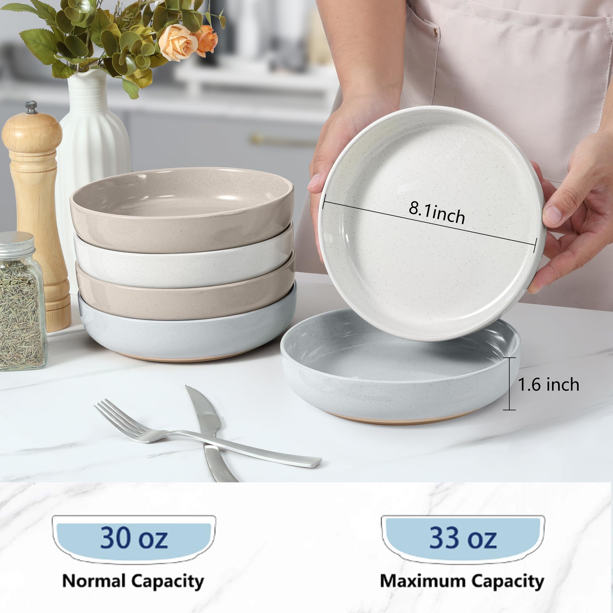 LIANYU 33oz Pasta Salad Bowls Set, Wide and Shallow Serving Bowls Set of 6, Deep Stoneware Plates for Serving Pasta, Noodle, Cereal, Non-Scratch, Three-color