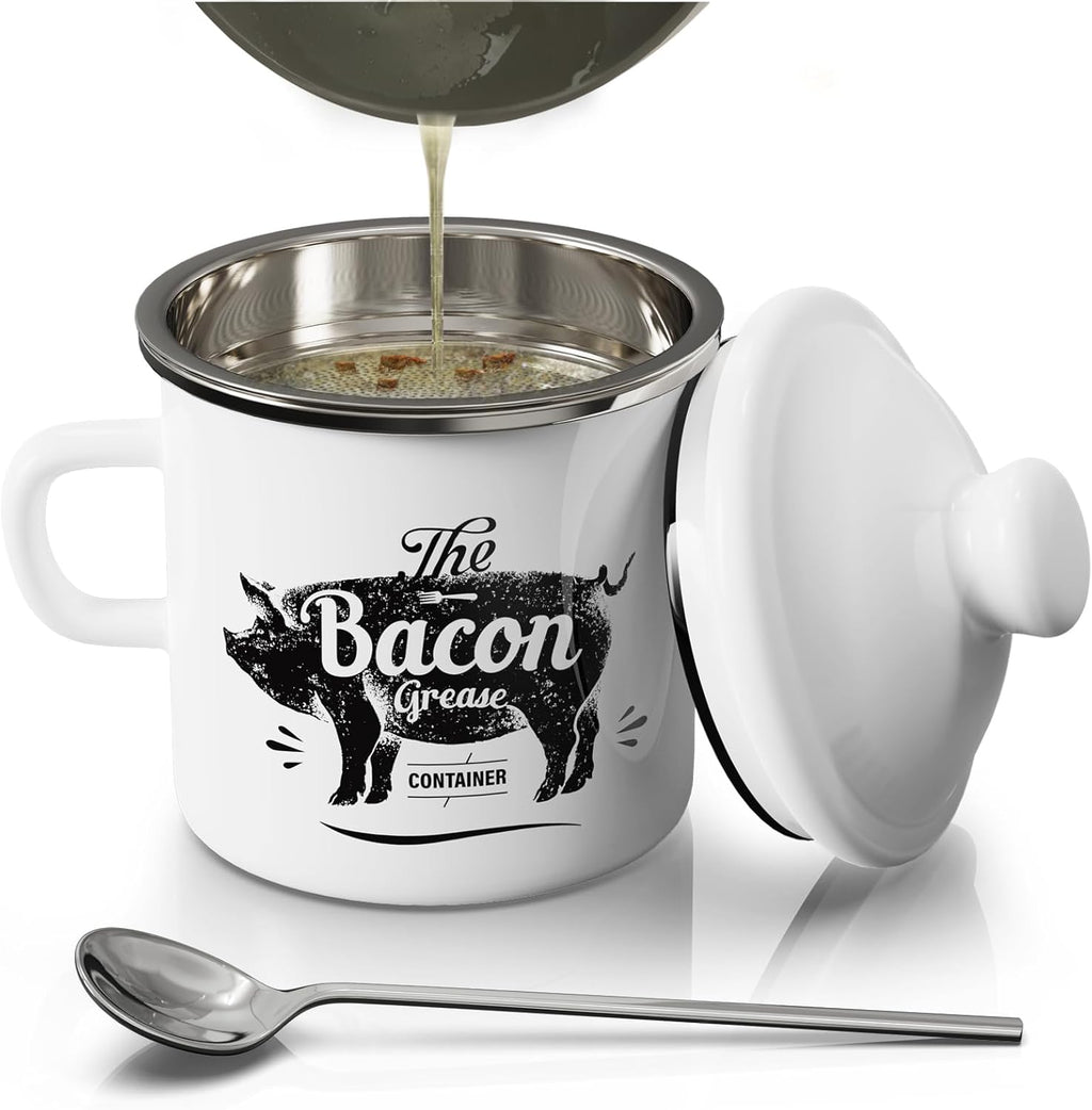 PGYARD Mini Bacon Grease Container - 15oz Enamel Strainer for Kitchen Fat Storage | Dishwasher Safe, White