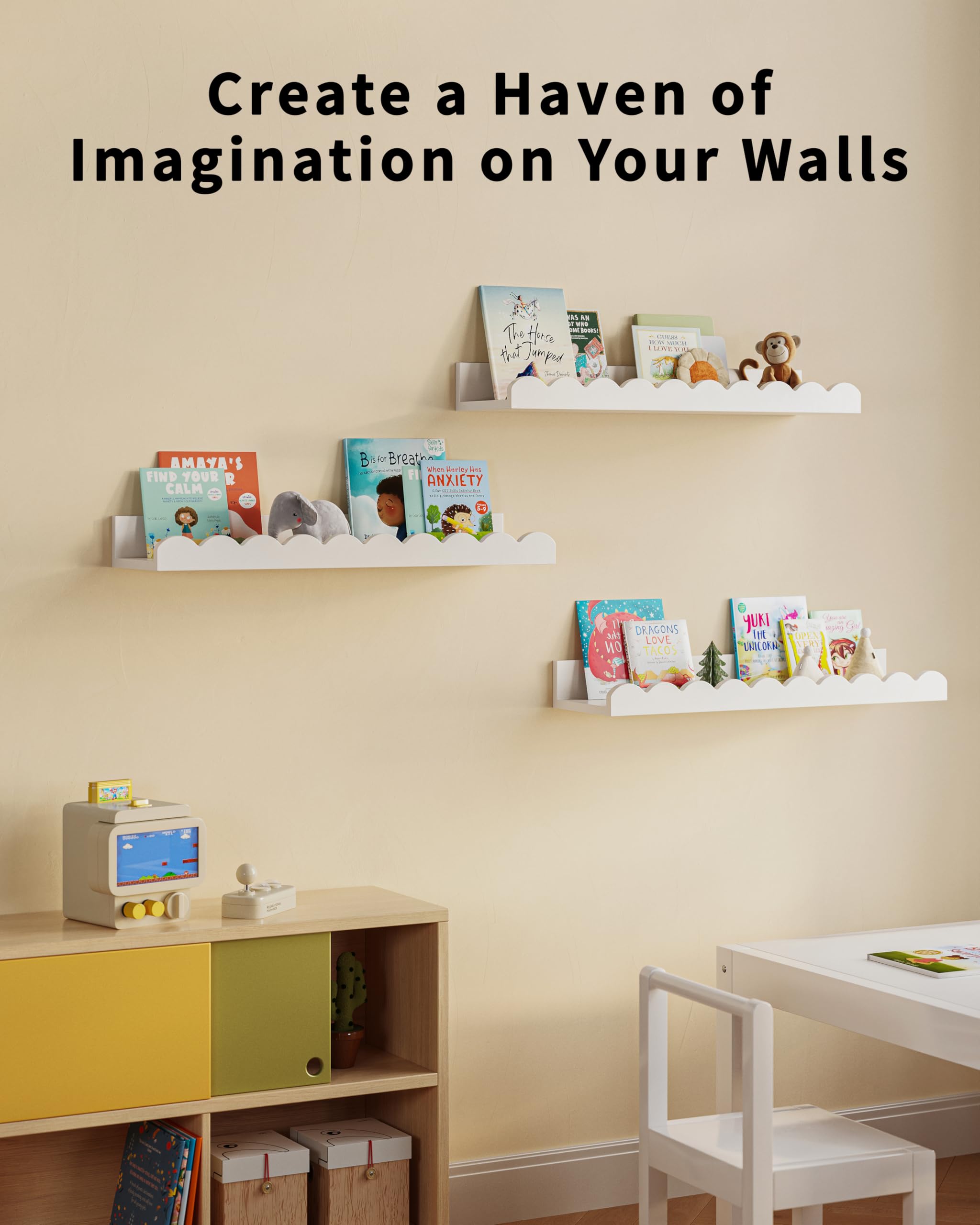 G&W Gruwald Nursery Book Shelves, Set of 3, Nursery Decor for Baby and Toddler, Scalloped Shelves, Book Shelf for Kids Rooms, Wall Book Shelf for Bedroom Kids