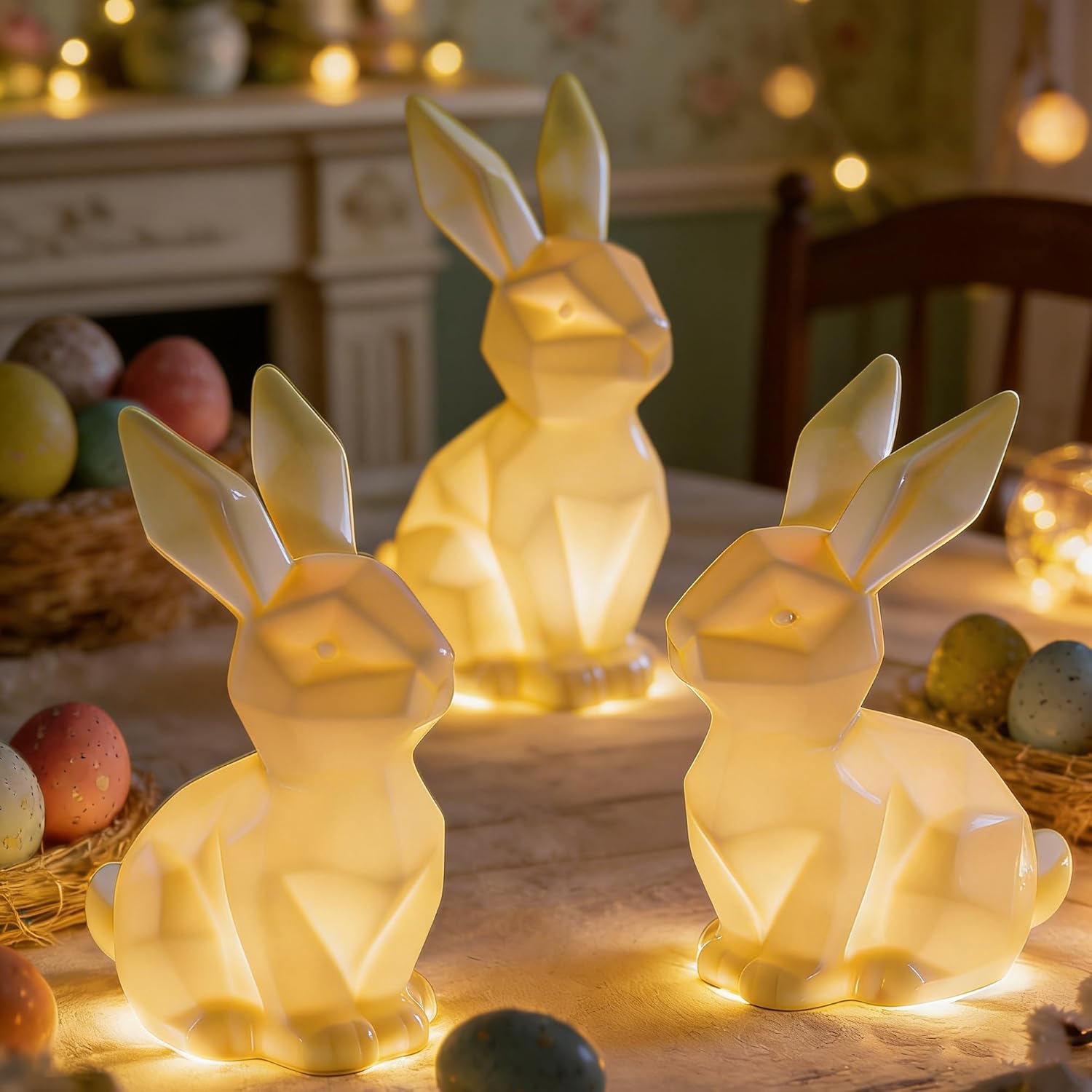 Nerosun Easter Bunny Decorations - 3 Pack Ceramic White Rabbit Statues | Lighted Table Centerpiece for Spring Decor