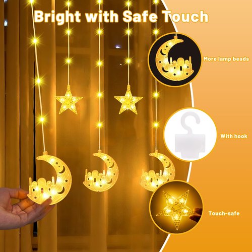 Ramadan Lights Decorations,130 LED Ramadan Decorations for Home 2026,Moon and Star Curtain String Lights with Remote Timer,8 Lighting Modes,Eid Decorations for Indoor Window Bedroom Party Holiday