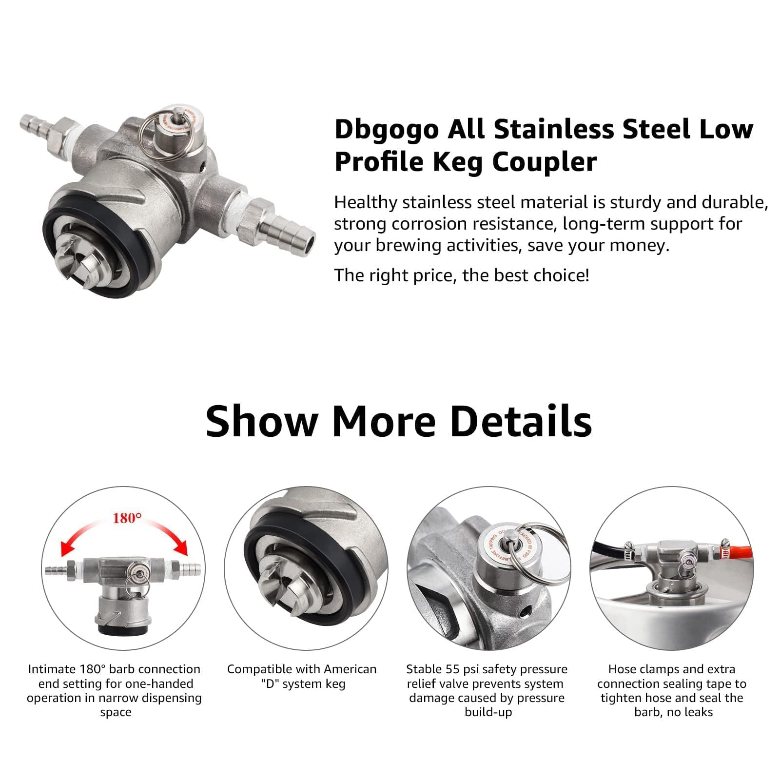 Dbgogo Low Profile Keg Coupler, 304 Stainless Steel D System Keg Coupler Space Saving Twist-Activated Homebrew Sankey Keg Tap with Safety Pressure Relief Valve and Connection Tape and Hose Clamp