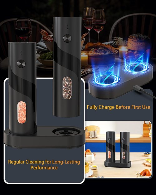 Circle Joy Electric Rechargeable Salt and Pepper Grinder Set - Automatic Mill with Adjustable Coarseness & LED | Easy Fill, Large Capacity