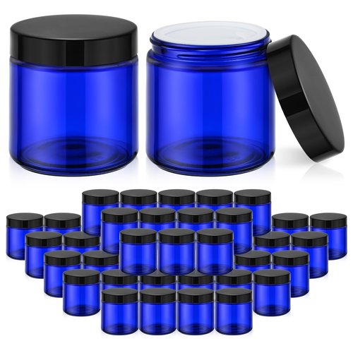 Tecohouse 4 oz Glass Jars with Lids, 48 Pack Blue Cream Canning Mason Jars with Lids, White Labels & Inner Liners, Empty Airtight Round Clear Slime Containers for Spice, Lotion, Ointments