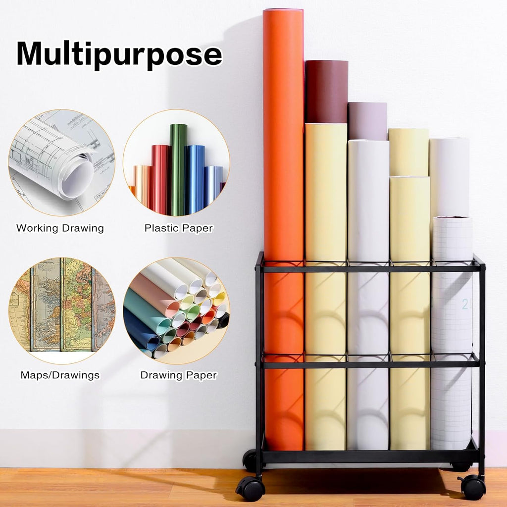 Premium Blueprint Storage Rack Cart - 15-Slot Metal Holder for Secure Organization of Plans & Artwork