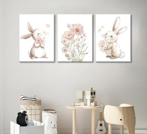 Grengel Pink Bunny Canvas Wall Art - Cute Rabbit with Wildflowers | Botanical Decor for Nursery