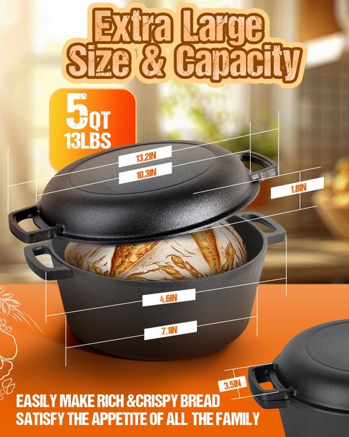 Cast Iron Dutch Oven for Sourdough Bread Baking, Pre-Seasoned 5QT Dutch Oven Pot with Lid, Include Proofing Basket, Silicone Sling & Dough Whisk