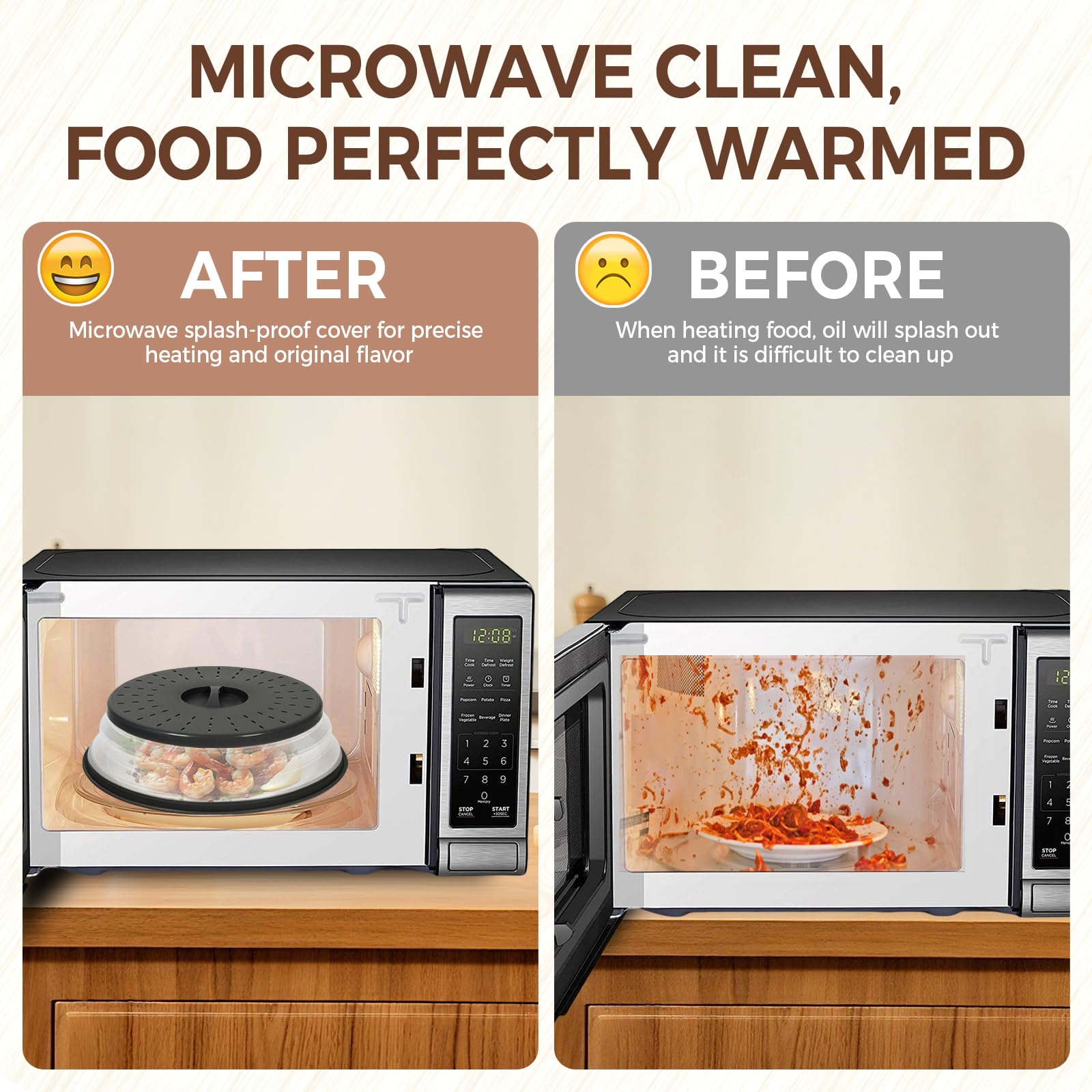 WENWELL 12 Inchs Microwave Splatter Cover & Silicone Mat, Large Vented Collapsible Guard dish Plate lid & Round Kitchen mat for food