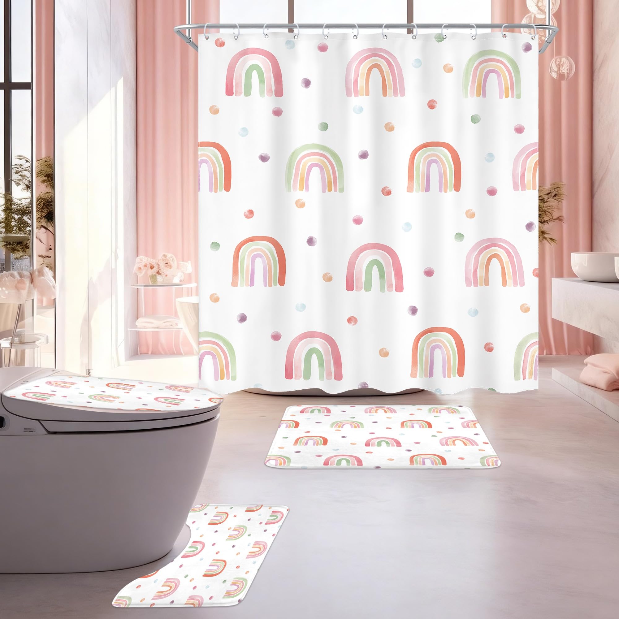 Ufeela 4 PCS Kids Girls Rainbow Shower Curtain Set 72Wx72H Inch, Bathroom Rug, Toilet Lid Cover, U Shape Mat, Boho Cute Pink Bathroom Set Nonslip Quick Dry Dirt Resistant Accessories Bathroom Decors