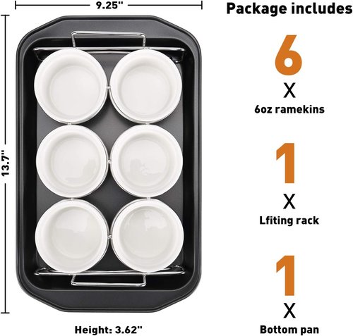 Creme Brulee Making Set - 6 Oz Porcelain Ramekins with Stainless Steel Lifting Rack & 9" X 13" Pan