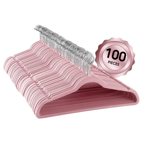 Elama 100 Piece Set of Velvet Slim Profile Heavy Duty Felt Hangers with Stainless Steel Swivel Hooks in Pink