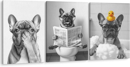 LUKIPOM French Bulldog Wall Art - Funny Canvas Prints Set of 3 for Bathroom Decor | 11x14 Inch Framed