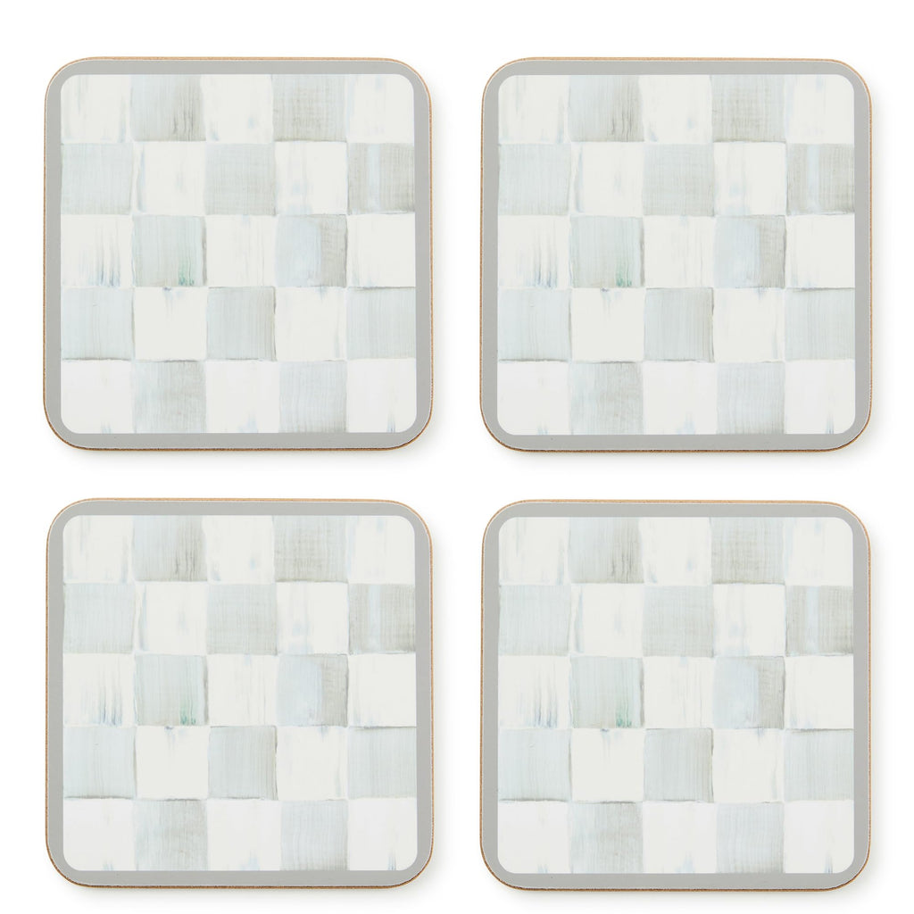 MACKENZIE-CHILDS Square Cork-Back Coaster Set, Table Coasters for Drinks, Set of 4, Gray-and-White Sterling Check