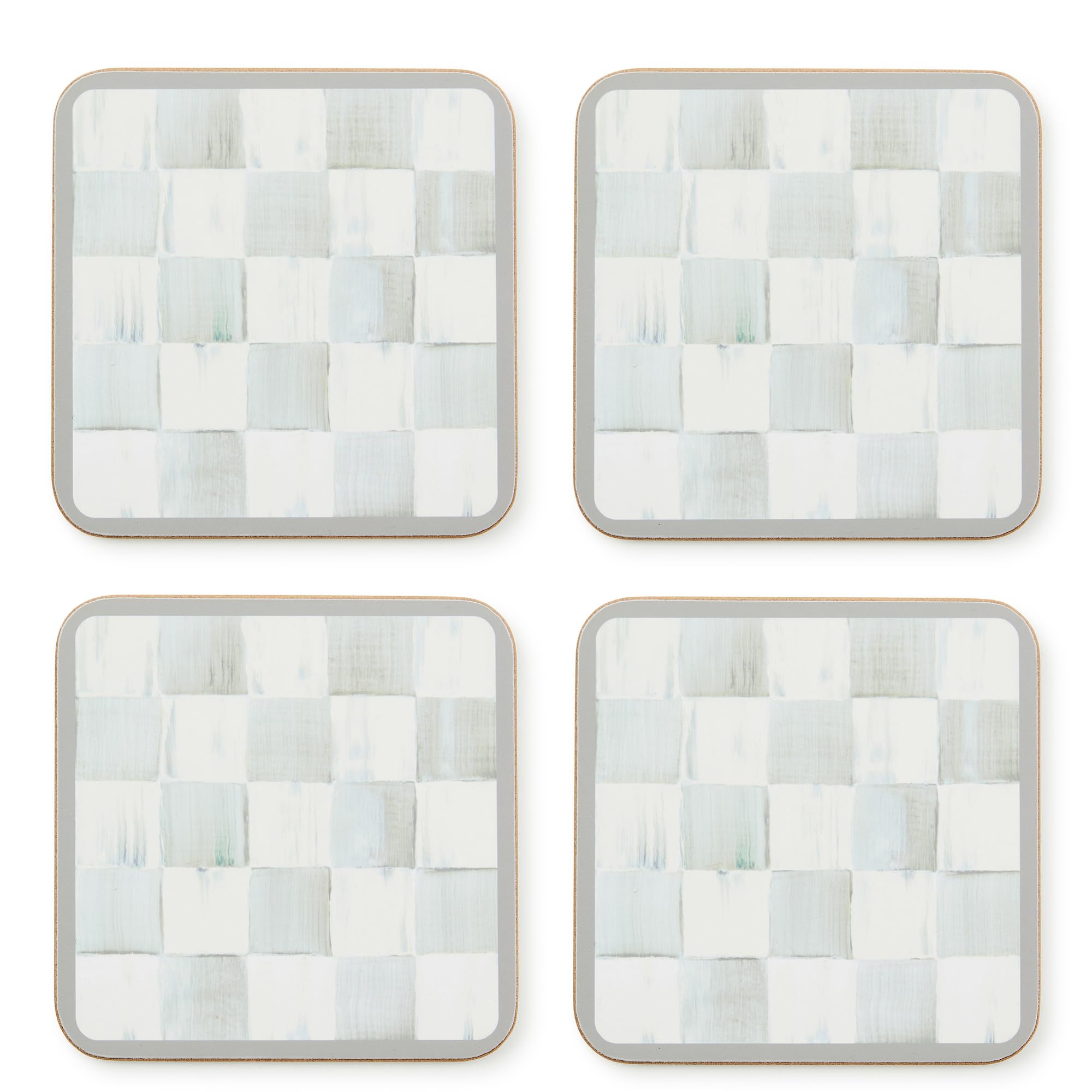 MACKENZIE-CHILDS Square Cork-Back Coaster Set, Table Coasters for Drinks, Set of 4, Gray-and-White Sterling Check