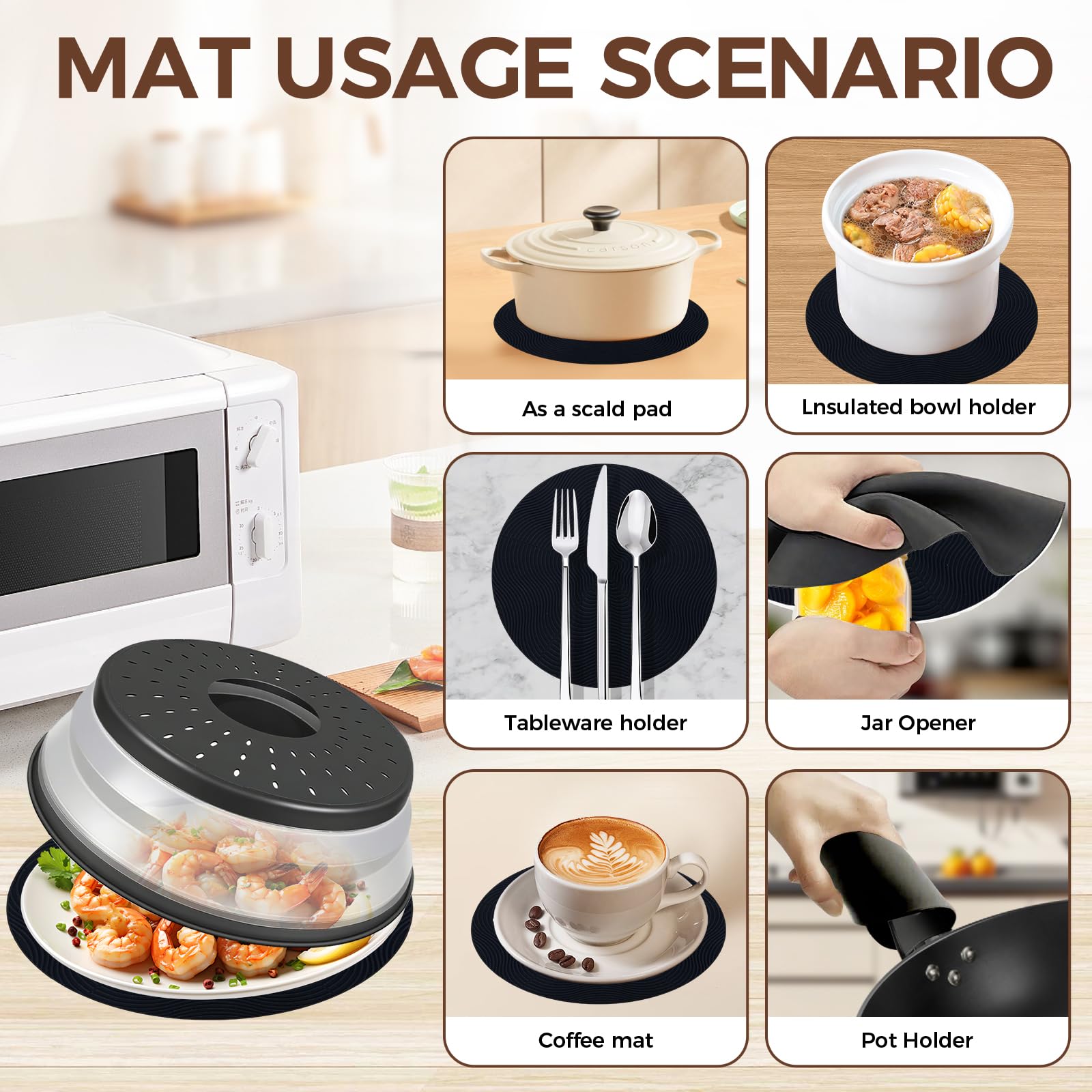 WENWELL 12 Inchs Microwave Splatter Cover & Silicone Mat, Large Vented Collapsible Guard dish Plate lid & Round Kitchen mat for food