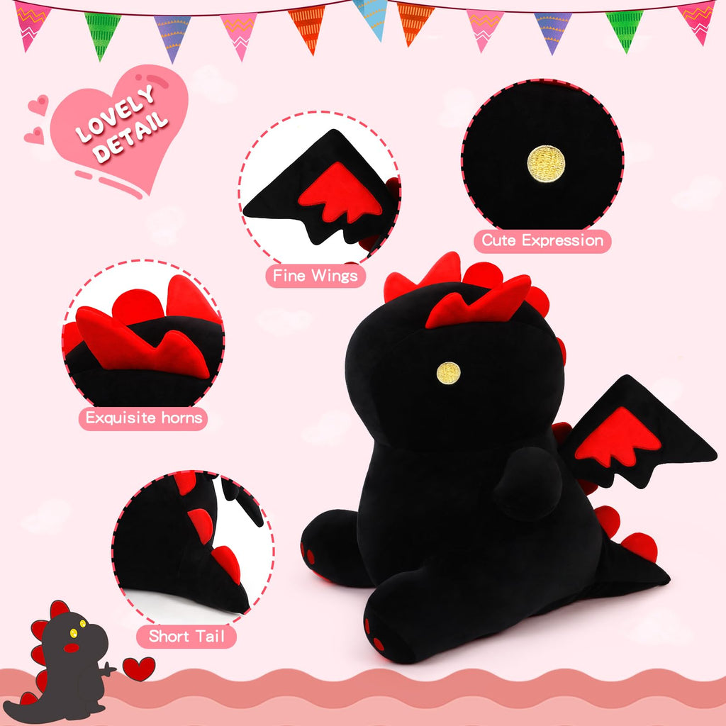 MIAOHAHA Cartoon Funny Plush 10in Dinosaur with Cute Wing, Soft Kids Plush Toy Pillow, Stuffed Animals Dinosaur Toy Gift for Kids and Girls (Black&Red,10in)