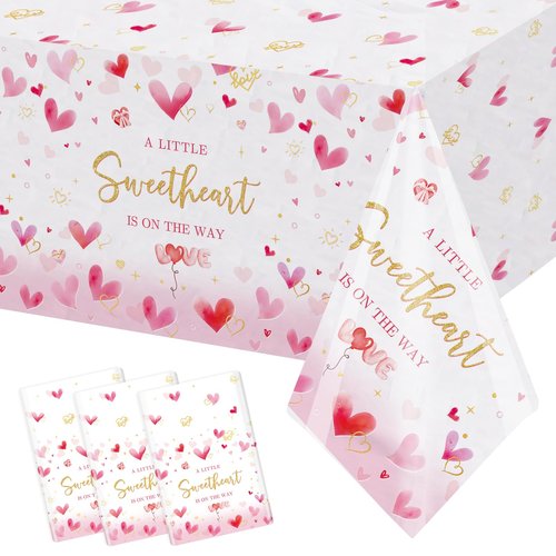 MEHOFOND 3pcs Valentine's Day Baby Shower Tablecloth for Girl, Disposable Plastic A Little Sweetheart is On The Way Pink Heart Table Cloth Rectangle 54x108 inch, Table Cover for Baby Shower Decor