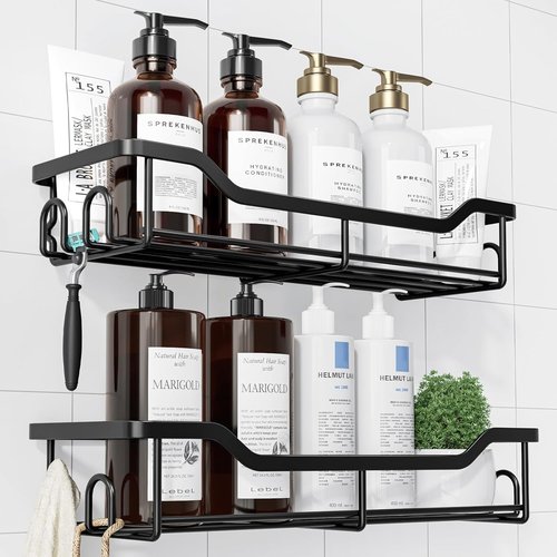 Kitsure Shower Caddy | Large Adhesive Organizer - Stainless Steel Shelf for No-Drill Bathroom Storage, 2 Pack, Black